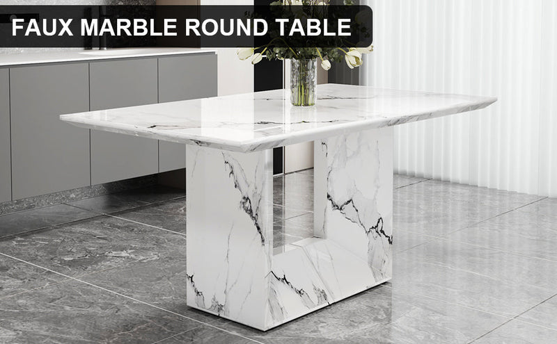 A simple dining table. A dining table with a white marble pattern. 4 PU synthetic leather high backrest cushioned side chairs with C-shaped silver metal legs. DT-SQ-16090-wh