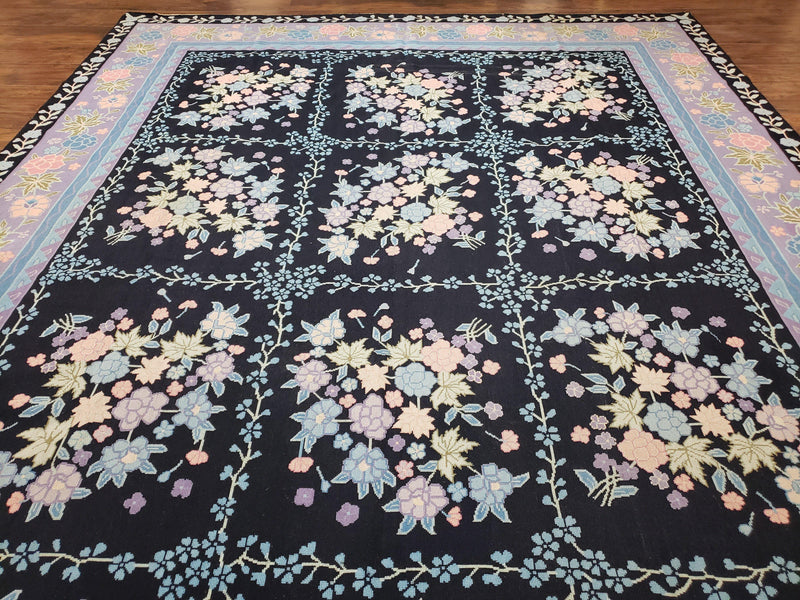 Chinese Needlepoint Rug 8 x 11.4, Hand-Woven Area Carpet, Flatweave Rug, Black Blue Light Violet Floral Garden European Design Wool Aubusson