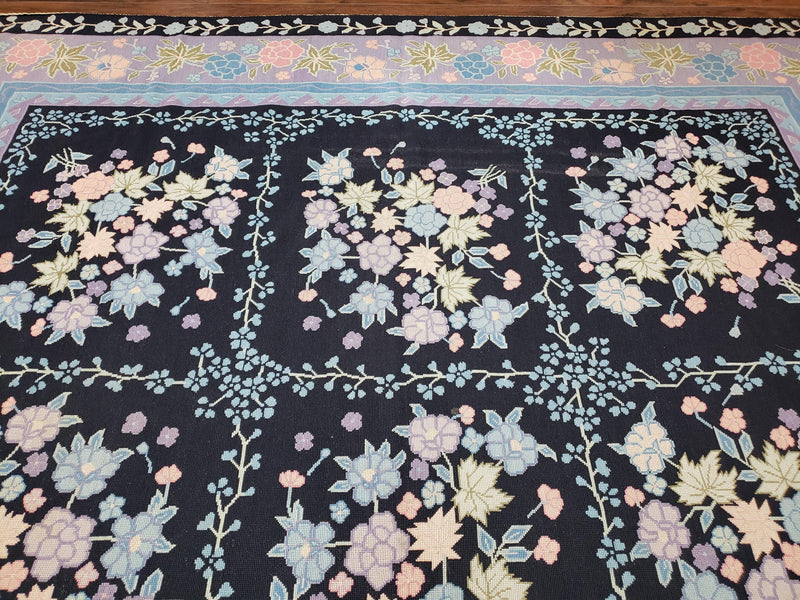 Chinese Needlepoint Rug 8 x 11.4, Hand-Woven Area Carpet, Flatweave Rug, Black Blue Light Violet Floral Garden European Design Wool Aubusson