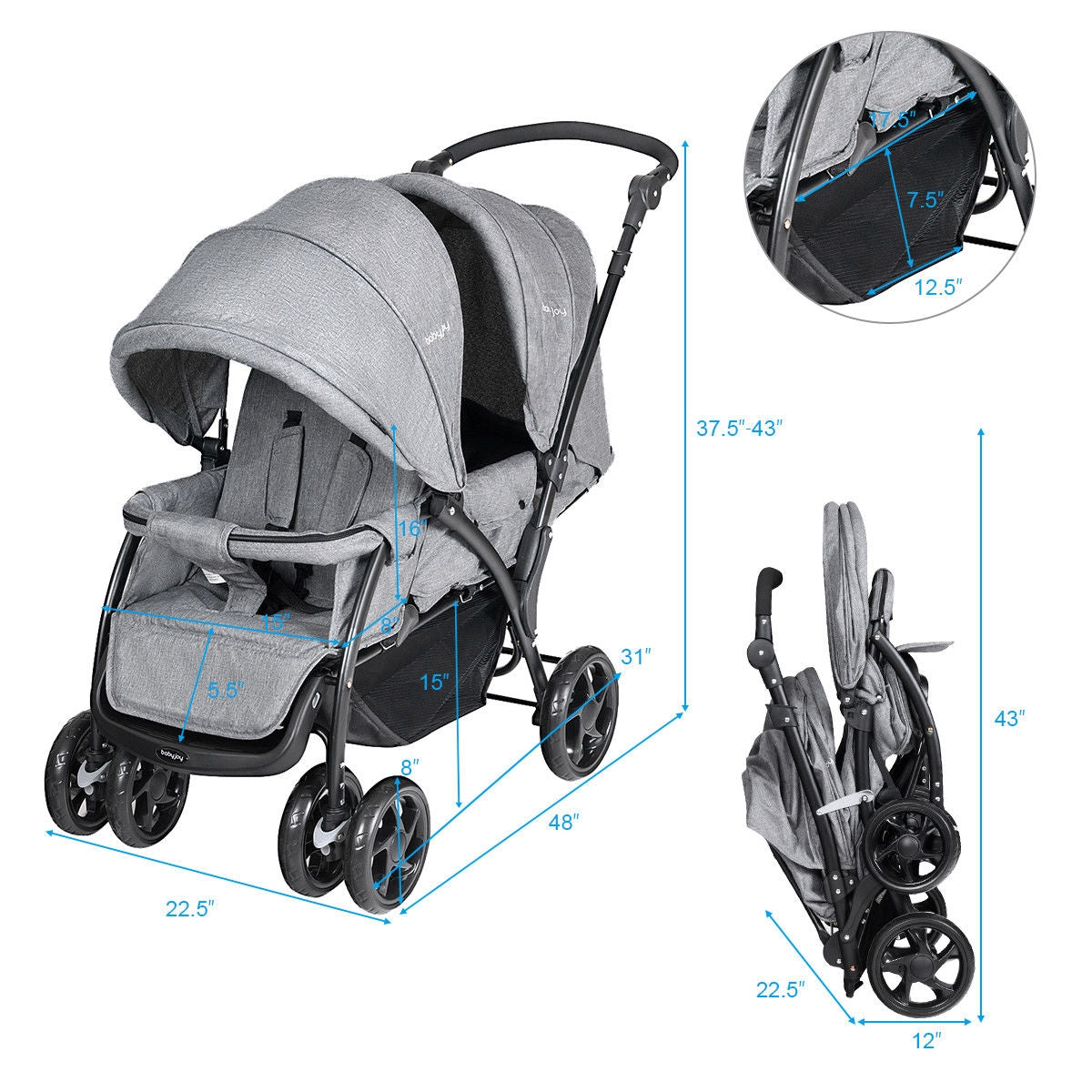 Foldable Lightweight Front Back Seats Double Baby Stroller-Gray, photo 4 of 8