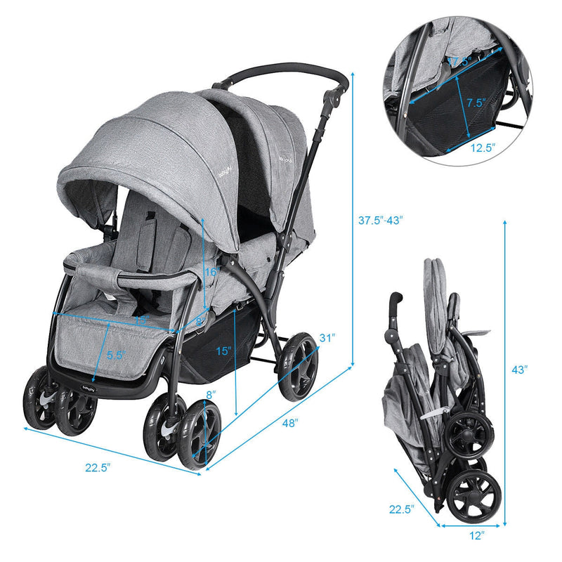 Foldable Lightweight Front Back Seats Double Baby Stroller-Gray, photo 4 of 8