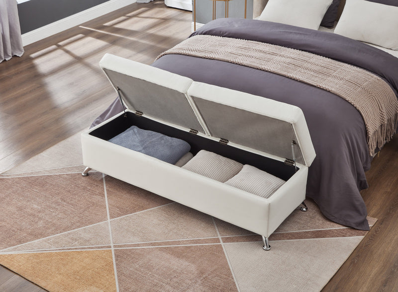 56.7" Bed Bench with Storage White Leather