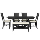 6-Piece Wood Half Round Dining Table Set Kitchen Table Set with Long Bench and 4 Dining Chairs, Modern Style, Gray