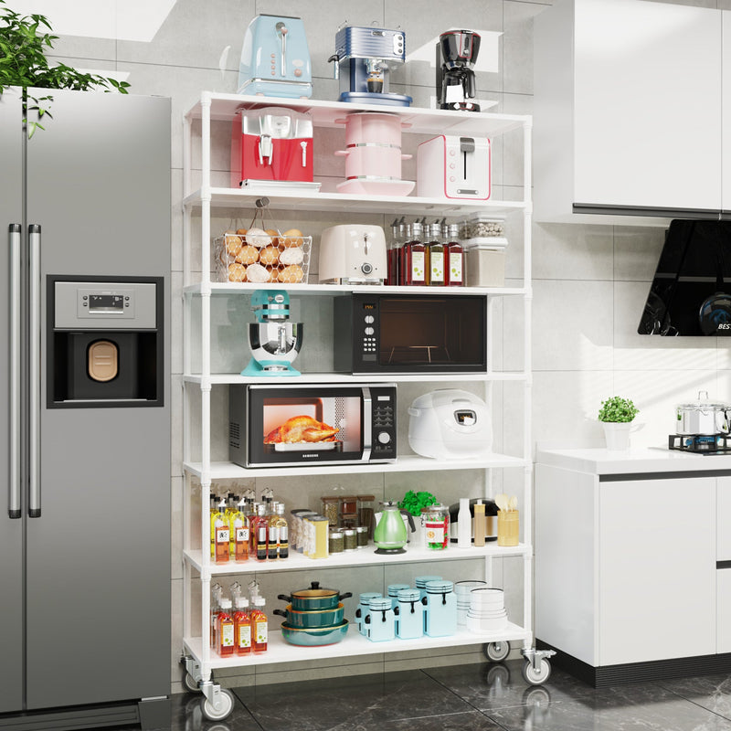 7 Tier Standing Shelf Units, 2800 LBS NSF Height Adjustable Metal Garage Storage Shelves with Wheels, Heavy Duty Storage Rack Metal Shelves - Black - 7T-2800LBS-WHITE