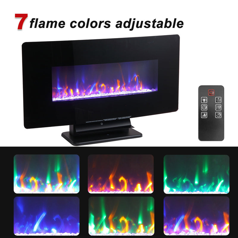 36 Inch Curved Front Electric Fireplace, Freestanding or Wall Mounted Electric Fireplace with Adjustable Flame Color & Remote Control