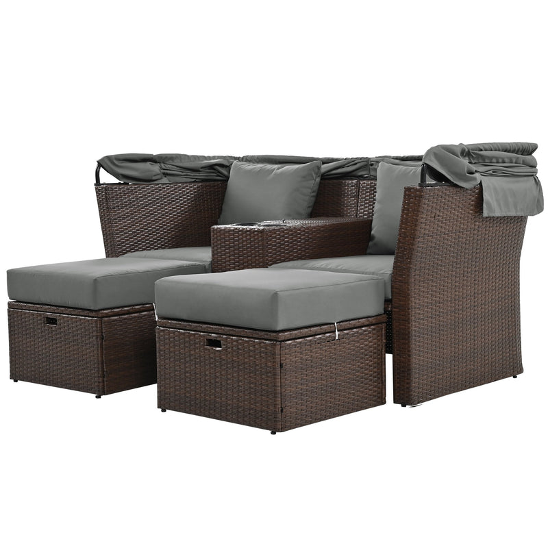 2-Seater Outdoor Patio Daybed Outdoor Double Daybed Outdoor Loveseat Sofa Set with Foldable Awning and Cushions for Garden, Balcony, Poolside, Grey