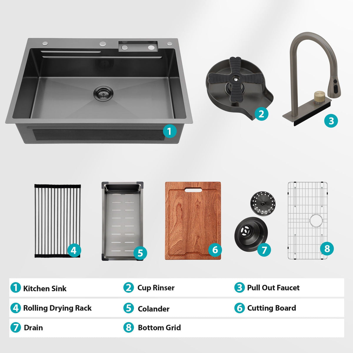 Waterfall Kitchen Sink With Pull Out Faucet & Cup Washer, photo 34 of 40