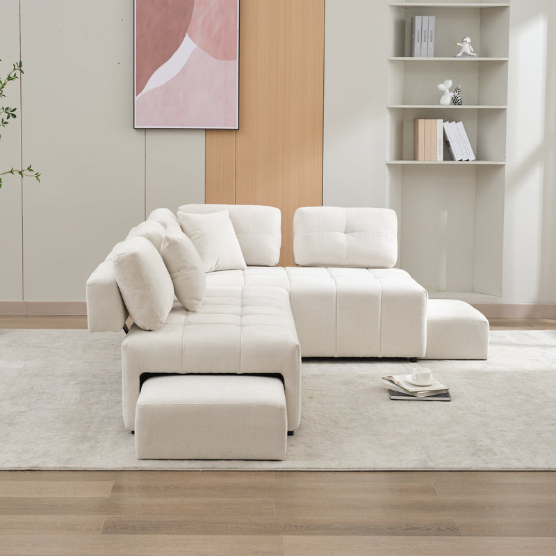 91.73" L-shaped Sofa Sectional Sofa Couch with 2 Stools and 2 Lumbar Pillows for Living Room, Biege