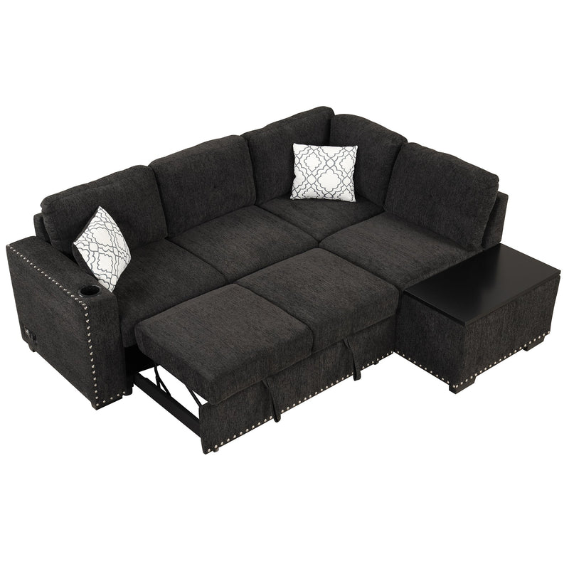 83.8" Reversible Sectional Pull-Out Sofa Bed L-Shaped Corner Sofa Couch with Storage Chaise, USB Ports, Power Sockets, Cup Holder for Living Room, Bedroom, Study, Black