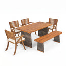 Outdoor 6 Pieces Acacia Wood Dining Set with Cushion and Handwoven Rattan Legs