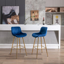 30 inch Set of 2 Bar Stools, with Chrome Footrest Velvet Fabric Counter Stool Golden Leg Simple High Bar Stool, BLUE