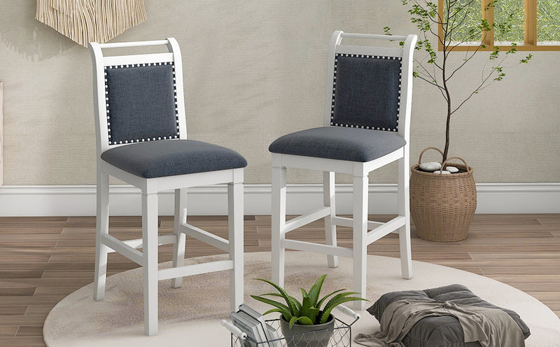 3-Piece Wood Counter Height Drop Leaf Dining Table Set with 2 Upholstered Dining Chairs for Small Place, White+Gray