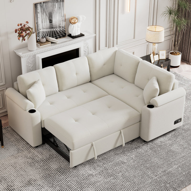 87.4" L-shape Sofa Bed Pull-out Sleeper Sofa with Wheels, USB Ports, Power Sockets for Living Room, Beige