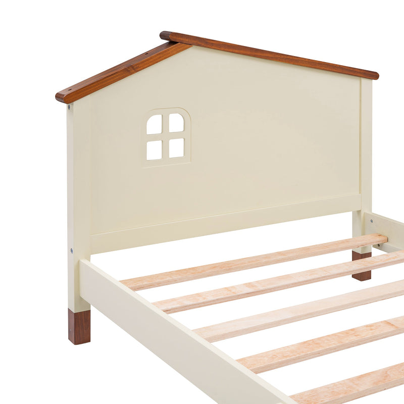 3-Pieces Bedroom Sets Twin Size Platform Bed with Nightstand and Storage dresser, Cream+Walnut