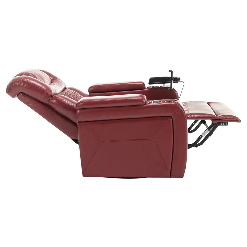 270 Degree Swivel PU Leather Power Recliner Individual Seat Home Theater Recliner with Comforable Backrest, Tray Table, Phone Holder, Cup Holder, USB Port, Hidden Arm Storage for Living Room, Red