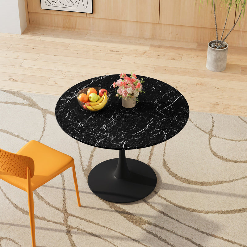 42.12" Modern Round Dining Table with Printed Black Marble Table Top, Metal Base Dining Table, End Table Leisure Coffee Table