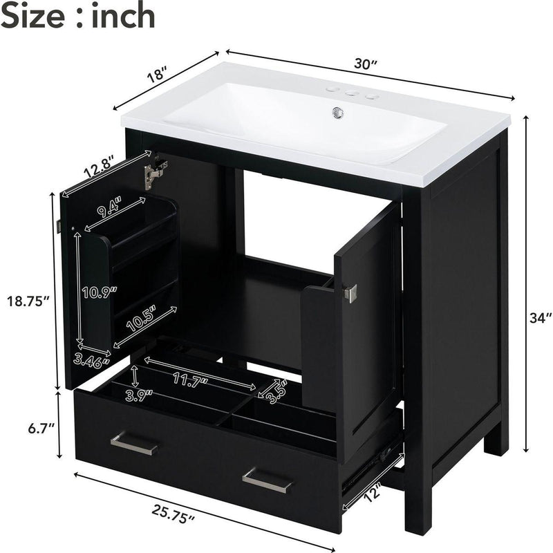 30' Black Bathroom Vanity with Single Sink, Combo Cabinet Undermount Sink, Bathroom Storage Cabinet with 2 Doors and a Drawer, Soft Closing, Multifunctional Storage, Solid Wood Frame