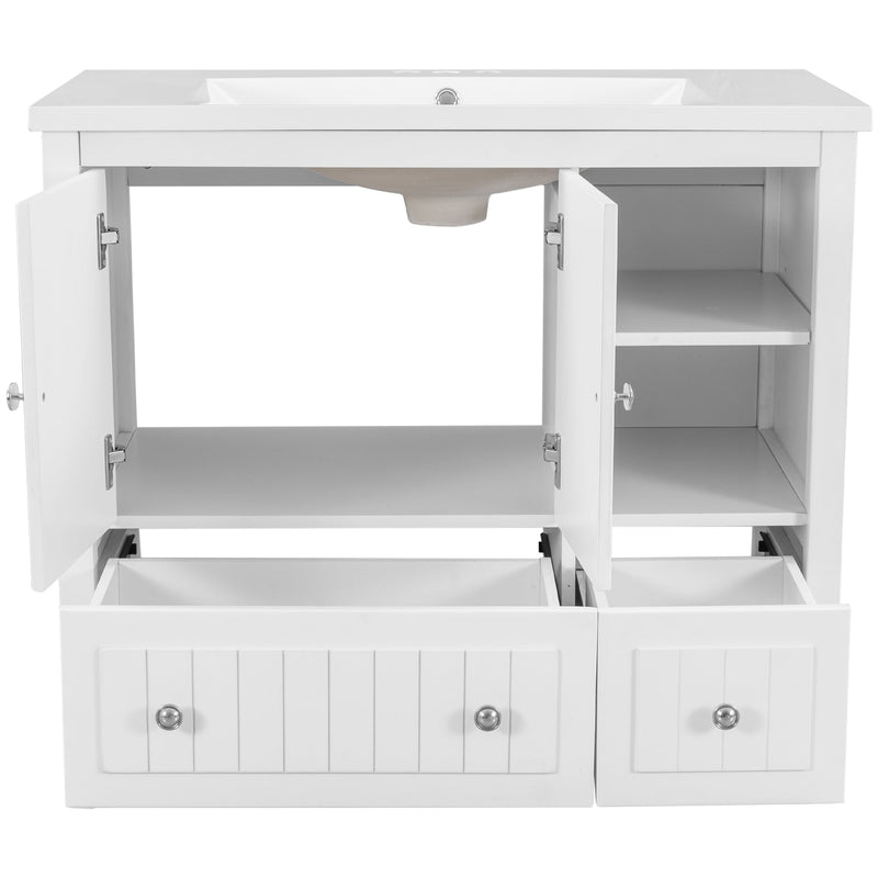 36" Bathroom Vanity with Ceramic Basin, Bathroom Storage Cabinet with Two Doors and Drawers, Solid Frame, Metal Handles, White