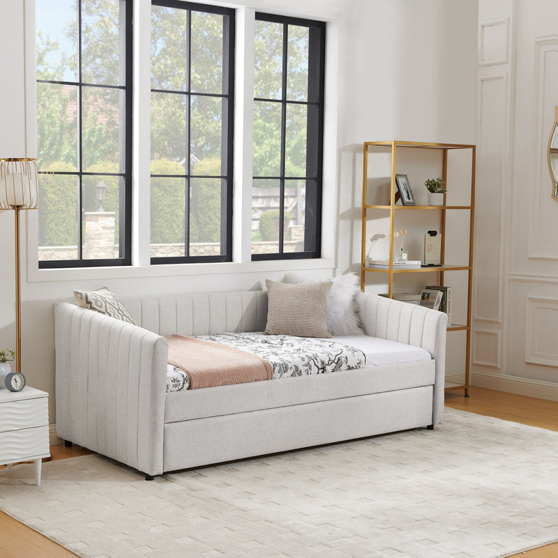 Twin Size Daybed with Trundle Upholstered Sofa Bed, with Vertical Stripes, Linen Fabric, Beige  (82.5'x43'x30')