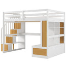 Full Size Loft Bed With Desk And Shelves, 2 Built In Drawers, Storage Staircase - Natural / White by HouseOfZazla