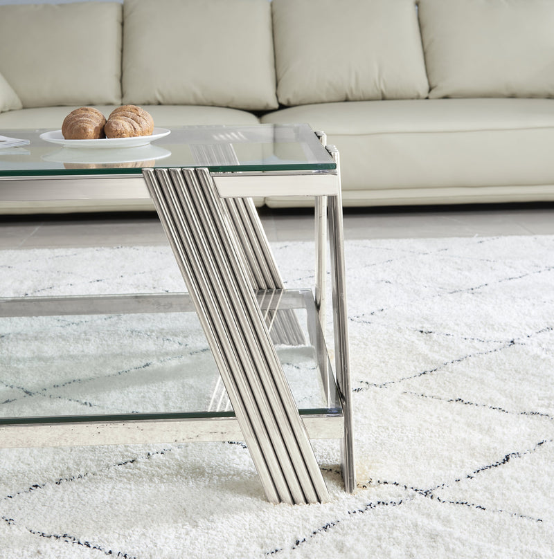 Modern Stainless Steel Coffee Table Set (Set of 2), Double-Layer Clear Tempered Glass Table Top, Coffee Table & End Side Table 2-Pieces Sets for Living Room Home Office, Silver