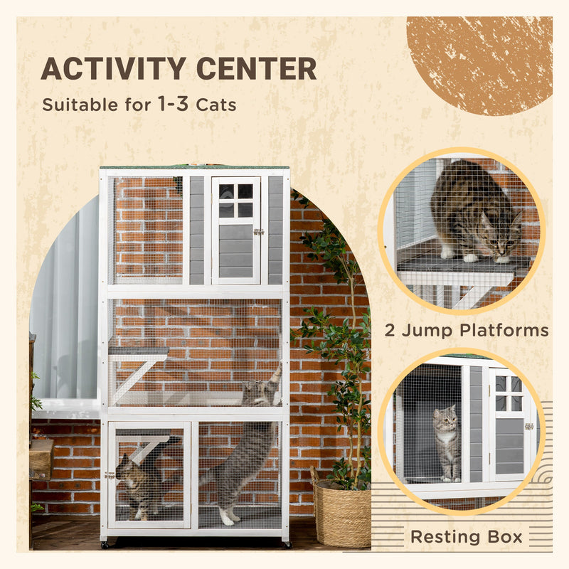 74" Wooden Outdoor Cat House Weatherproof & Wheeled, Catio Outdoor Cat Enclosure with High Weight Capacity, Kitten Cage Condo, Gray
