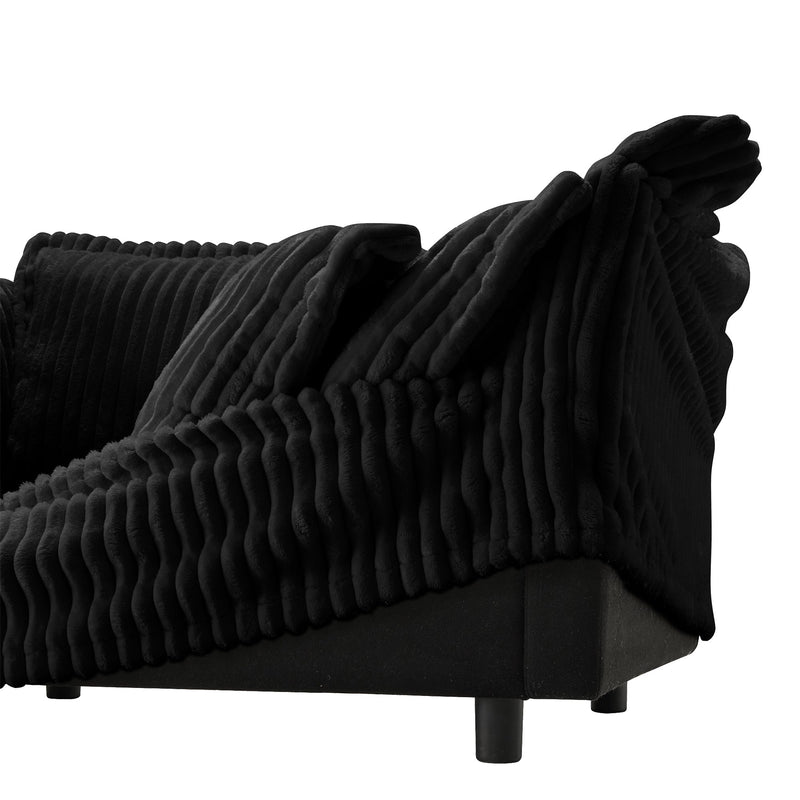 L-Shaped Slipcovered Sectional Sofa Couch, Comfy Deep Seat Cloud Couch with Convertible Ottoman & 2 Big Pillows, Modern Oversized 3 Seater Slipcovered Sofa Set for Living Room Office, Black Corduroy