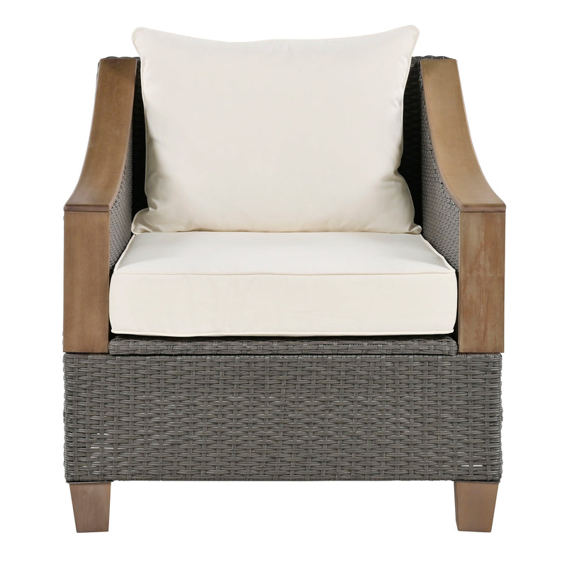 4-Piece Rattan Outdoor Conversation Sofa Set with Wooden Coffee Table and Cushions Seating 5 People for Patio, Garden and Backyard (Grey)