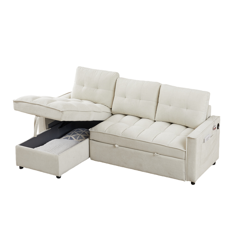 78.75" Reclining Sofa, Pull-Out Sofa Bed with USB and tape-c charging ports, L-Shaped Sectional Sofa with Reclining Storage and Arm Side Organizer Pocket Features, Living Room Comfort Sofa