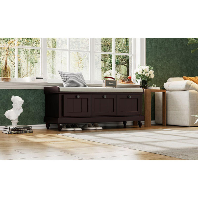 TREXM Classic Shoe Bench with Cushion and Three Drawers, Fluted Entryway Bench with Storage for Living Room, Entryway, and Hallways (Espresso)