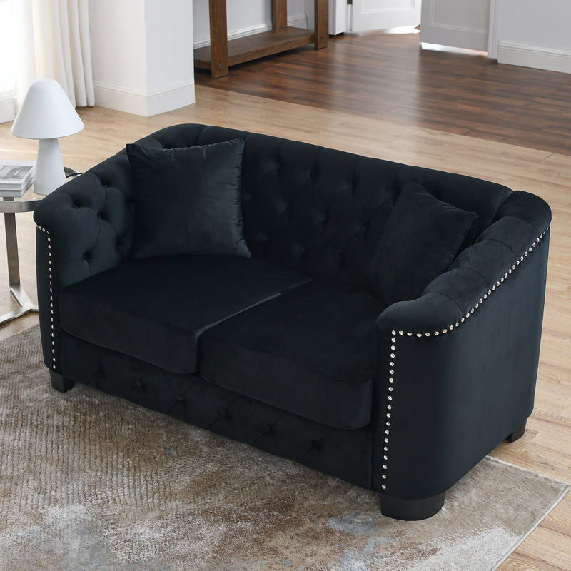 59-Inch Modern Chesterfield Velvet Sofa, 2-Seater Sofa, Upholstered Tufted Backrests with Nailhead Arms and 2 Cushions for Living Room, Bedroom, Apartment, Office (Black)