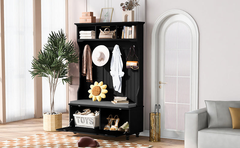 4-in-1 Entryway Bench with Coat Rack, Cushion and 4 Sturdy Hooks, 47.2" Wide Hall Tree with Storage Bench for Hallway, Entryway, Living Room