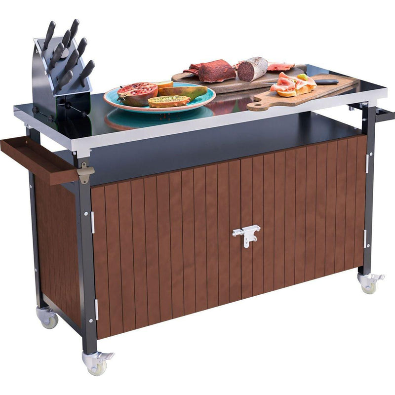 Outdoor Grill Cart with Stainless Steel Tabletop, Storage, Patio Kitchen Island with Wheels, Hooks, and Spice Rack, Waterproof Outdoor Grill Table, Movable BBQ Serving Cart Rolling Bar Cart