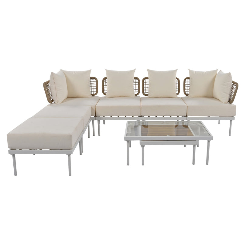 Walker Edison - 8-Piece Patio Sectional Sofa Set with Tempered Glass Coffee Table and Wooden Coffee Table for Outdoor Oasis, Garden, Patio and Poolside (Beige Cushion + White Steel)