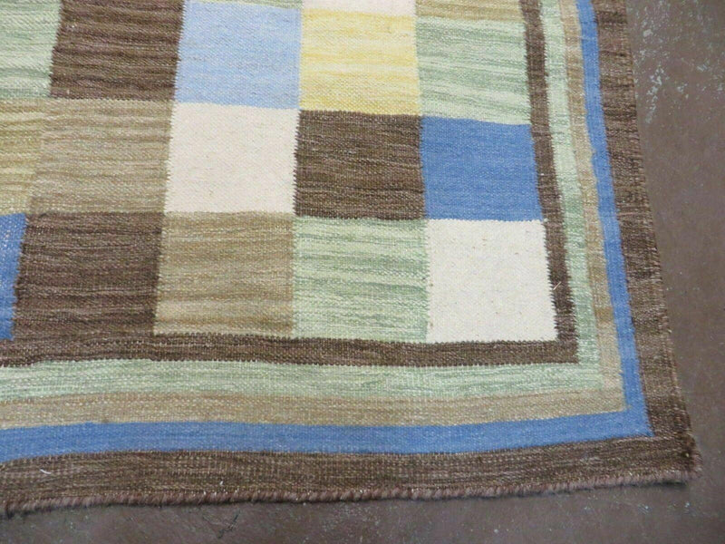 5' X 8' Hand-knotted Kilim Dhurrie Wool Cotton Rug Flat Weave Carpet Checkered Pattern Colorful Multicolor