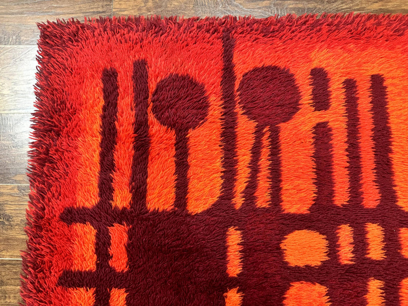 Danish Rya Shag Rug 4x6, Red Vintage Mid Century Retro Abstract Shag Rug