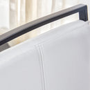 A table and four chairs. The table features a black imitation marble pattern tabletop and black gold MDF legs. The chair has a white PU backrest cushion and black metal legs. F-SQ