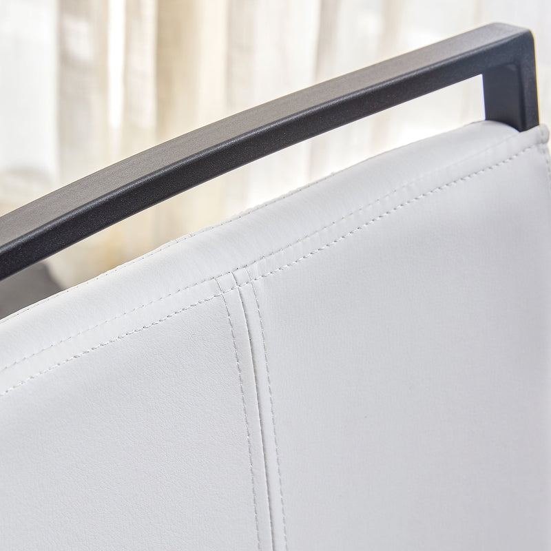 A table and four chairs. The table features a black imitation marble pattern tabletop and black gold MDF legs. The chair has a white PU backrest cushion and black metal legs. F-SQ