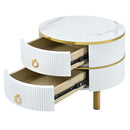 27.5" & 19.6" Stackable Coffee Table with 2 Drawers, Nesting Tables with Brown Tempered Glass and High Gloss Marble Tabletop, Set of 2, Round Center Table for Living Room, White