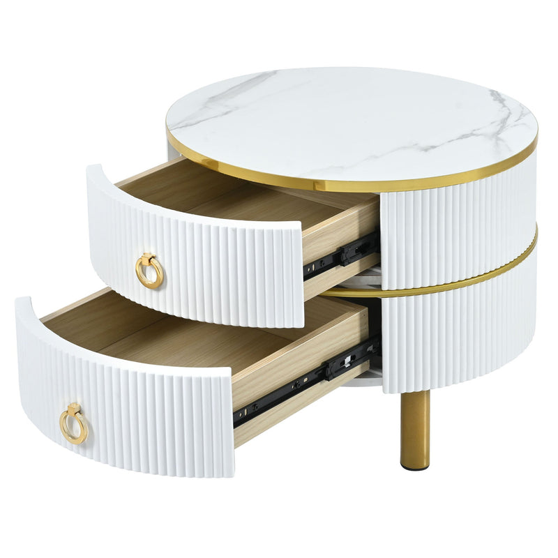 27.5" & 19.6" Stackable Coffee Table with 2 Drawers, Nesting Tables with Brown Tempered Glass and High Gloss Marble Tabletop, Set of 2, Round Center Table for Living Room, White