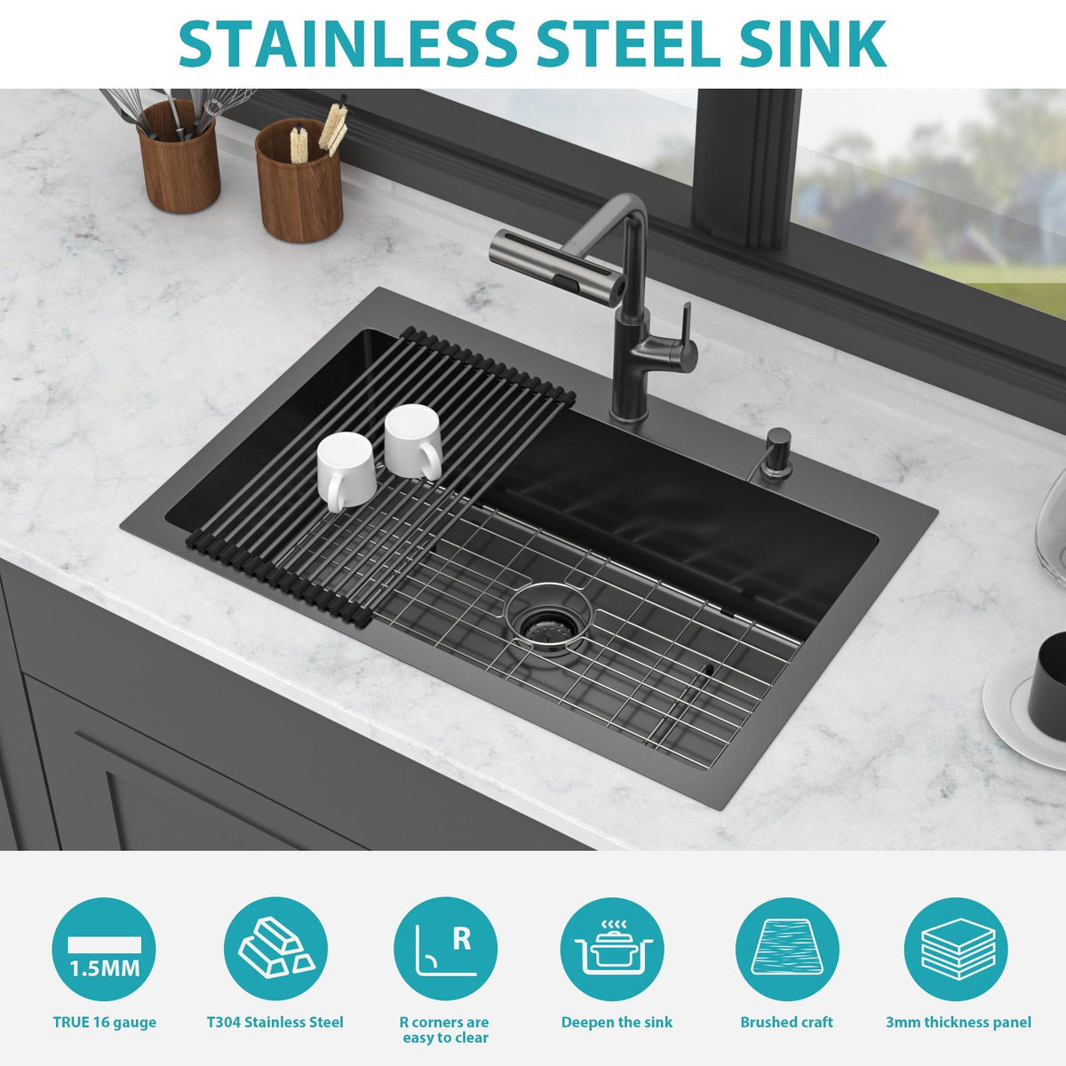 Drop-In Stainless Steel Kitchen Sink With Pull-Out Faucet And Soap Dispenser, photo 12 of 18