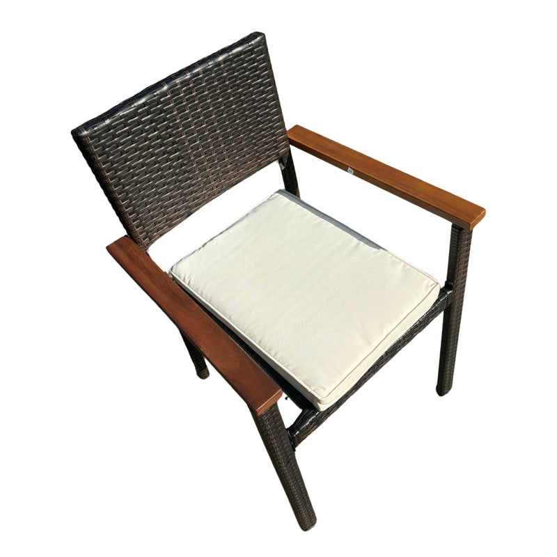 7 piece Outdoor Patio Wicker Dining Set Patio Wicker Furniture Dining Set w/Acacia Wood Top Brown Wicker + Cream Cushion