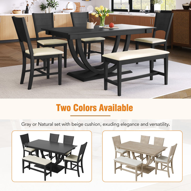 6-Piece Wood Half Round Dining Table Set Kitchen Table Set with Long Bench and 4 Dining Chairs, Modern Style, Gray
