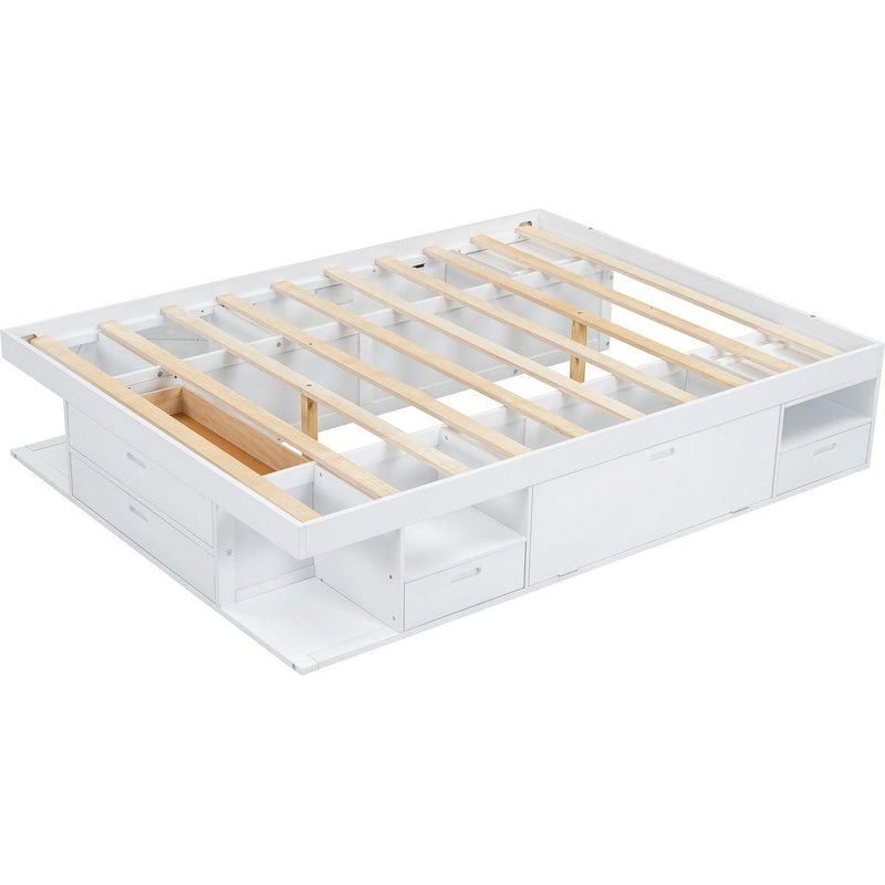 Storage Platform Bed Frame with Multiple Drawers and Shelves No Box Spring Needed, Queen Size,White