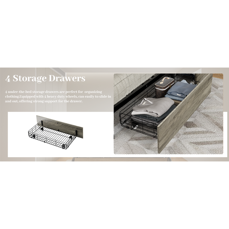Queen Size Bed Frame with Headboard and 4 Storage Drawers, Queen Bed Frame with Charging Station and LED Lights, Wood Slats, Easy Assembly,No Box Spring Needed,Industrial Gray