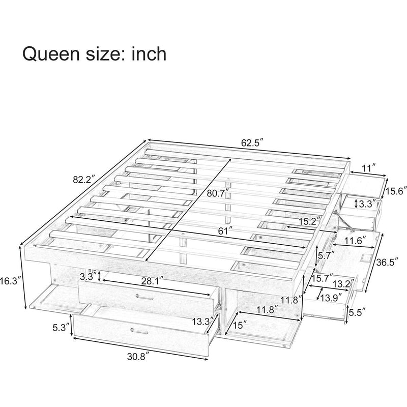 Storage Platform Bed Frame with Multiple Drawers and Shelves No Box Spring Needed, Queen Size,White