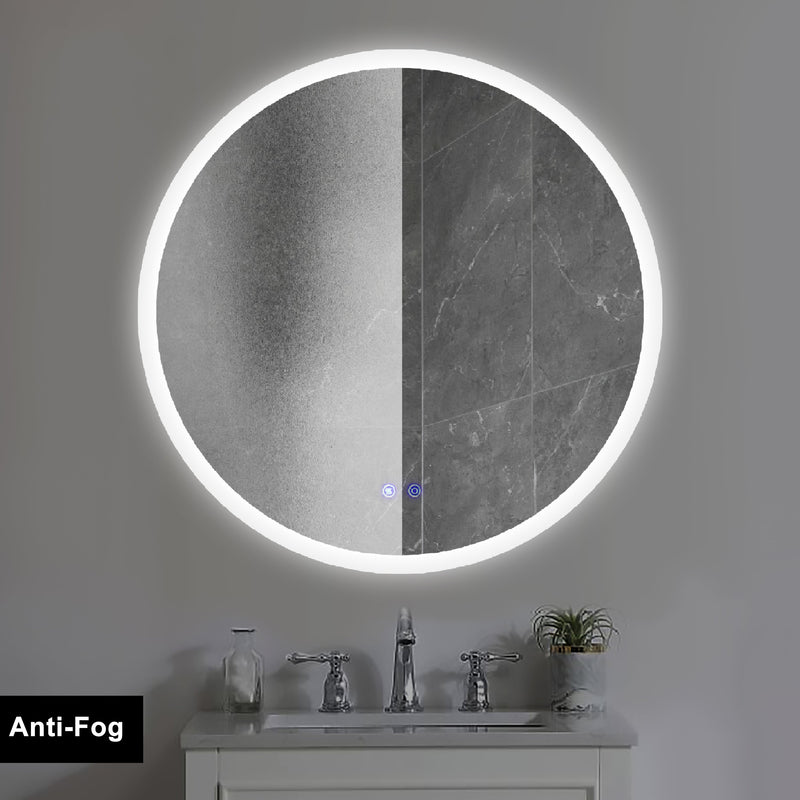 32 x 32 Inch Round Frameless LED Illuminated Bathroom Mirror, Touch Button Defogger, Metal, Silver