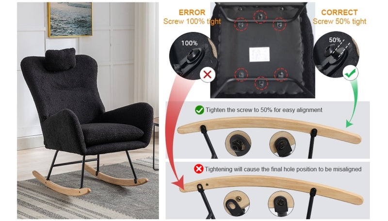 35.5 inch Rocking Chair with Pocket, Soft Teddy Fabric Rocking Chair for Nursery, Comfy Wingback Glider Rocker with Safe Solid Wood Base for Living Room Bedroom Balcony (black)