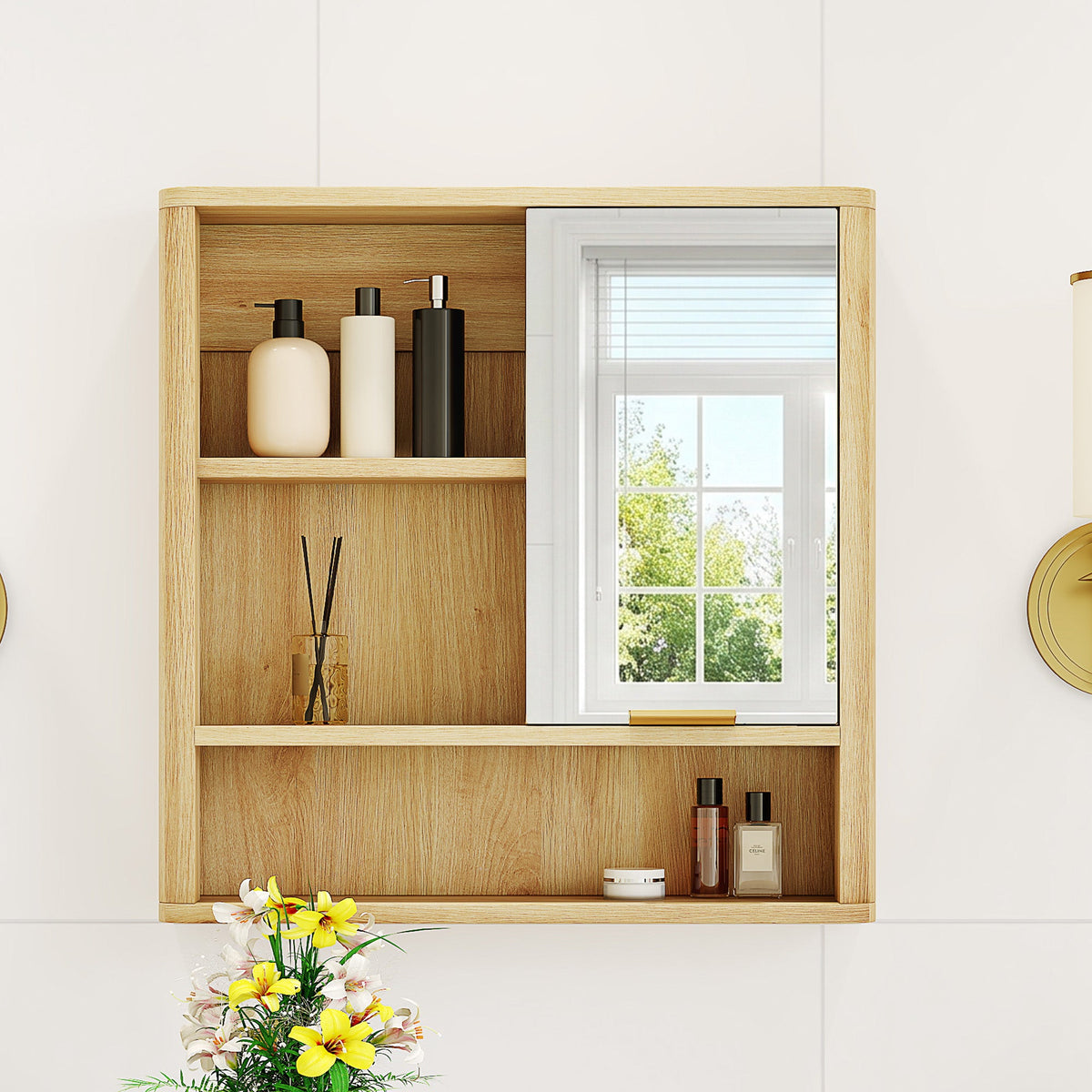 Natural Wood Finish Wall Mounted Mirror Cabinet, photo 7 of 10