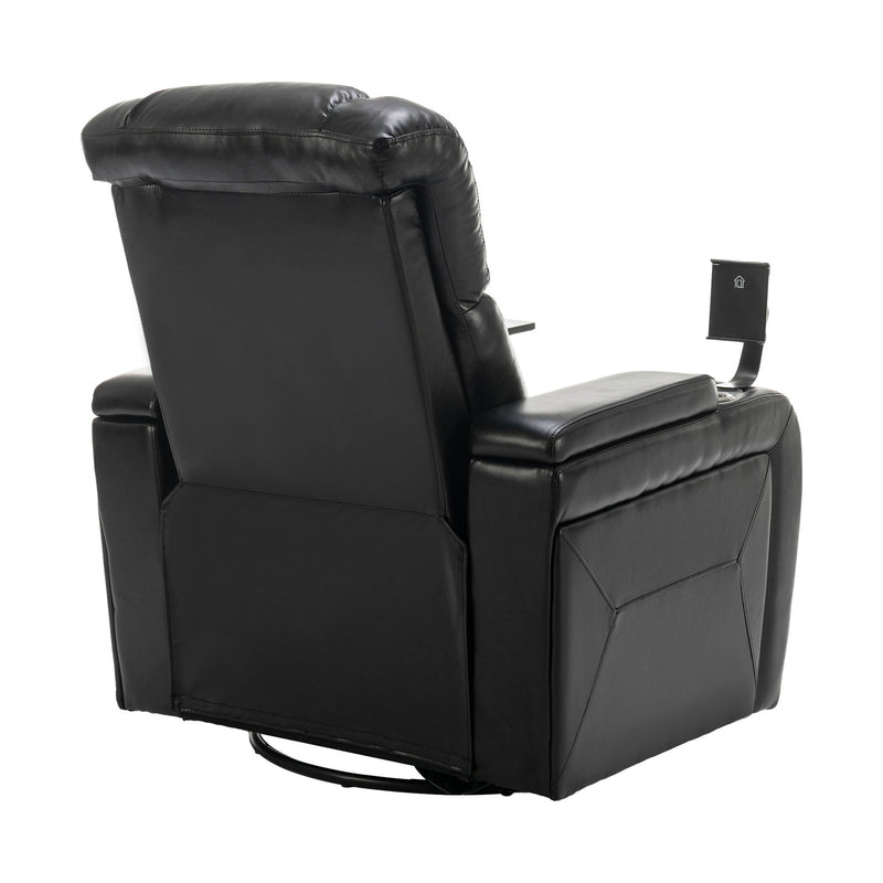 270 Degree Swivel PU Leather Power Recliner Individual Seat Home Theater Recliner with Comforable Backrest, Tray Table, Phone Holder, Cup Holder, USB Port, Hidden Arm Storage for Living Room, Black